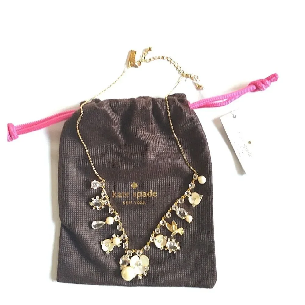 New! KATE SPADE Disco Pansy Flower Bird Crystal Gold-tone Necklace 16
